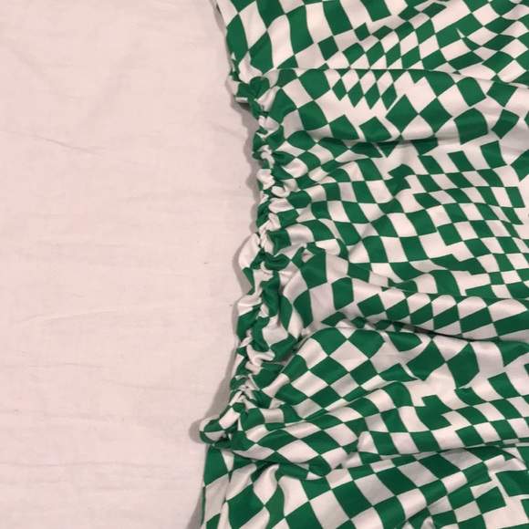 Dressed In LALA “Vibe Check Checkered Dress” Ruched Green White S - Picture 6 of 14